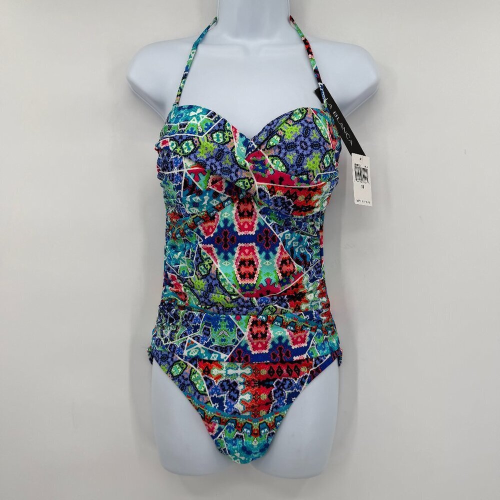 La Blanca Multicolor Halter One Piece Swimsuit Ruched Cruise Women's Size 10 NWT
